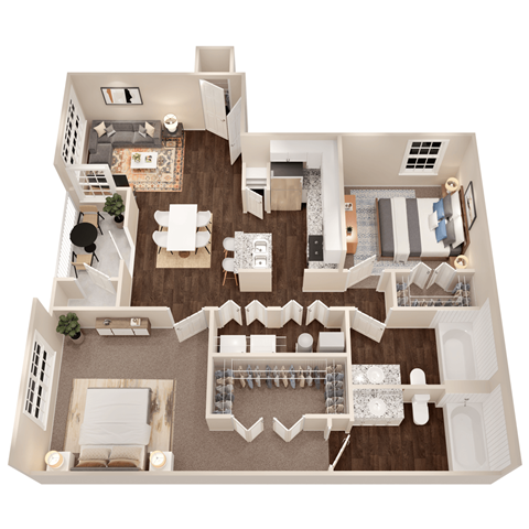 A top-down view of a house interior with a living room, dining area, kitchen, and bedrooms.